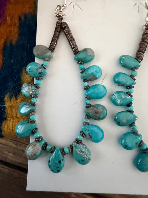 Handcrafted Heishi Shell & Turquoise Beaded Dangle Hoop Earrings