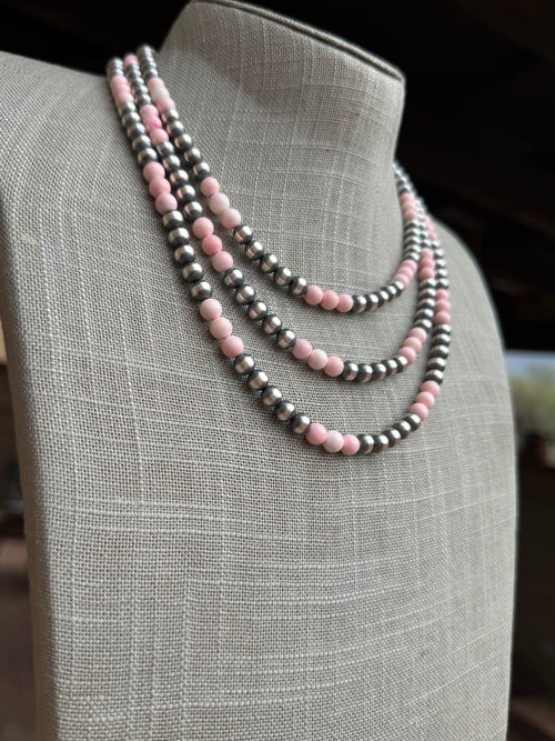 Handcrafted Sterling Silver Pearl & Queen Pink Conch Beaded Necklace 6mm