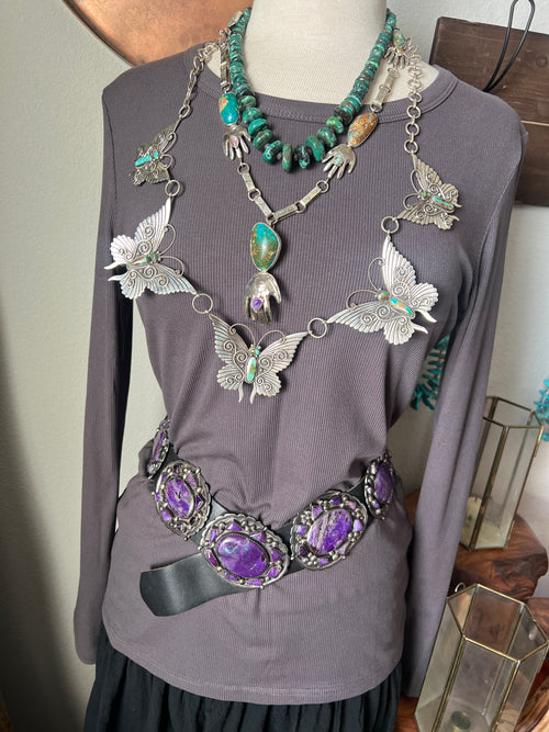 Jay Leon Coriz Handcrafted Sterling Silver and Royston Turquoise Healing Hand Station Necklace