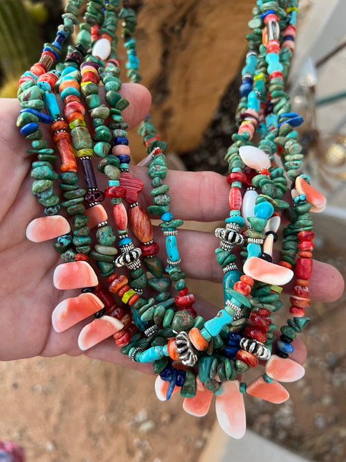 Gorgeous Santo Domingo Made Six Strand Turquoise and Spiny Oyster Beaded Squaw Wrap Necklace, Green