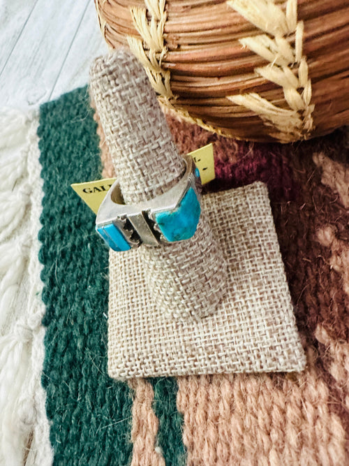 Old Pawn Handcrafted Turquoise & Sterling Silver Inlay Band Ring Size 10