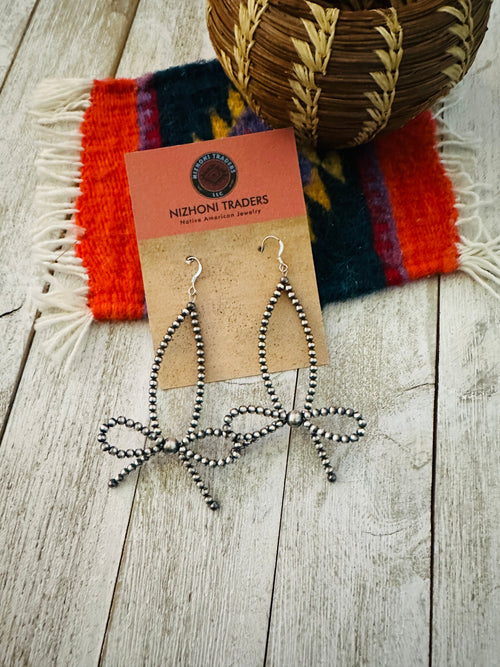 Handcrafted Sterling Silver Pearl Beaded Bow Dangle Hoop Earrings