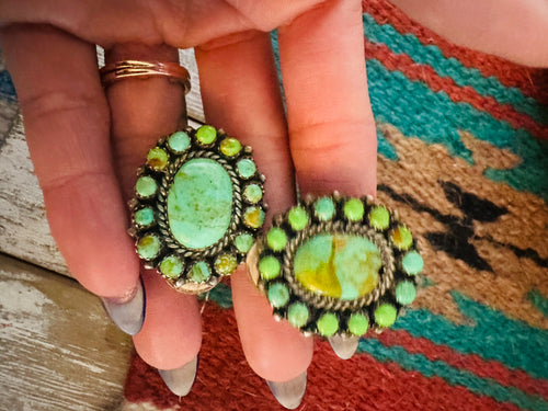 Old Pawn Navajo Sterling Silver & Turquoise Cluster Clip On Earrings