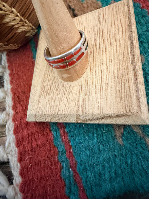 Old Pawn Handcrafted Coral & Sterling Silver Inlay Band Ring Size 11.75