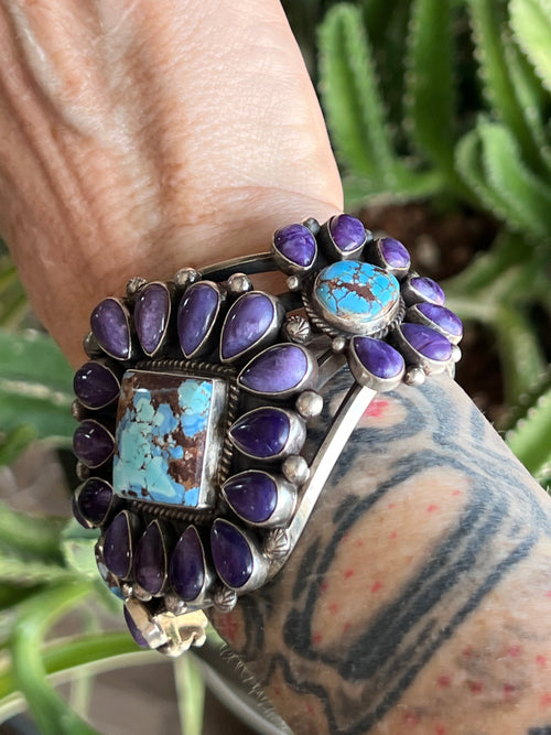 Handcrafted Sterling Silver, Charoite and Golden Hills Turquoise Cluster Cuff Bracelet by Tyler Brown /