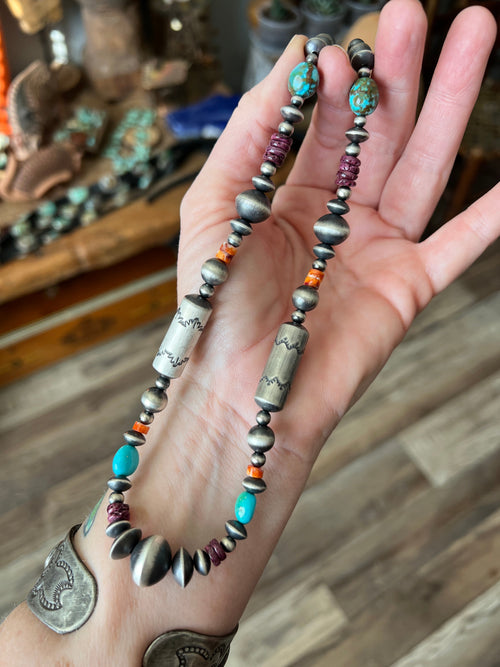 Handcrafted Sterling Silver, Kingman Turquoise and Spiny Oyster Shell Handcrafted Electric Rainbow Beaded Necklace by Rose Martin, 26 + 1-1/2 inch
