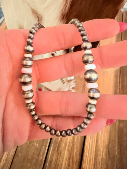 Handcrafted Queen Pink Conch & Sterling Silver 16” Beaded Necklace