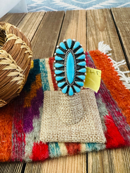 Old Pawn Handcrafted Sleeping Beauty Turquoise & Sterling Silver Cluster Ring Size 8.25