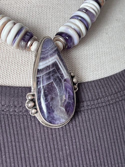 Tularosa Handcrafted Quahog Shell, Amethyst and Sterling Silver Beaded Necklace