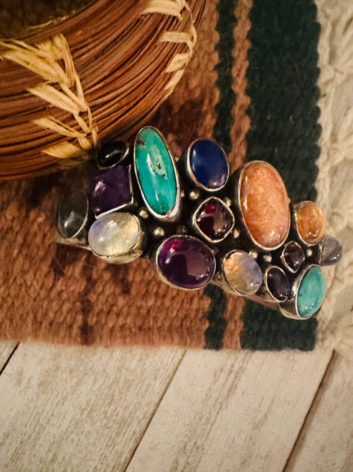 Navajo Old Pawn Vintage Multi Stone & Sterling Silver Cuff Bracelet