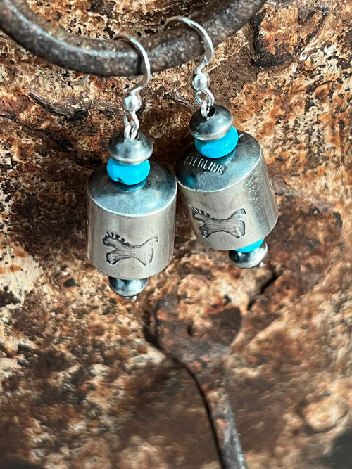 Sterling Silver and Turquoise Handcrafted Barrel Bead Earrings by Preston Haley