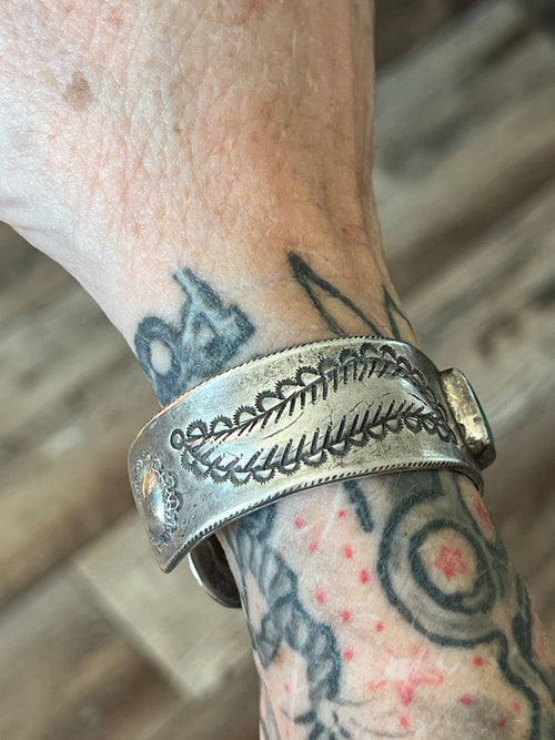 Hand Forged Old Pawn Sterling Silver & Turquoise Ingot Cuff Bracelet by Santa Fe Artist, Buffalo, The Zephyr