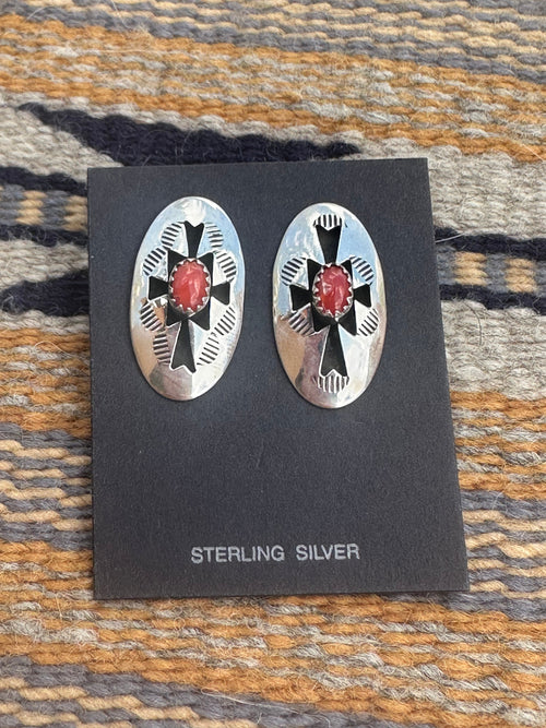 Old Pawn Sterling Silver and Coral Shadow Box Post Earrings