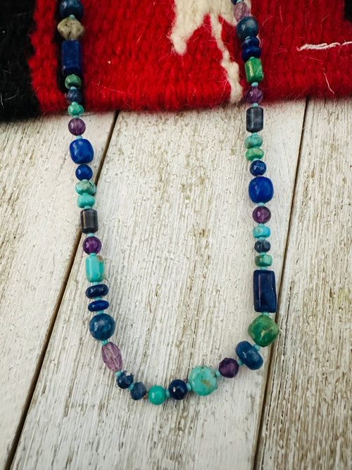 Handcrafted Multi Stone & Sterling Silver Pearl Beaded 17”Necklace w/ 3” extender