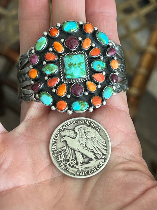 Handcrafted Sterling Silver Electric Rainbow Sonoran Turquoise and Spiny Oyster Cluster Cuff Bracelet by Murphy Platero