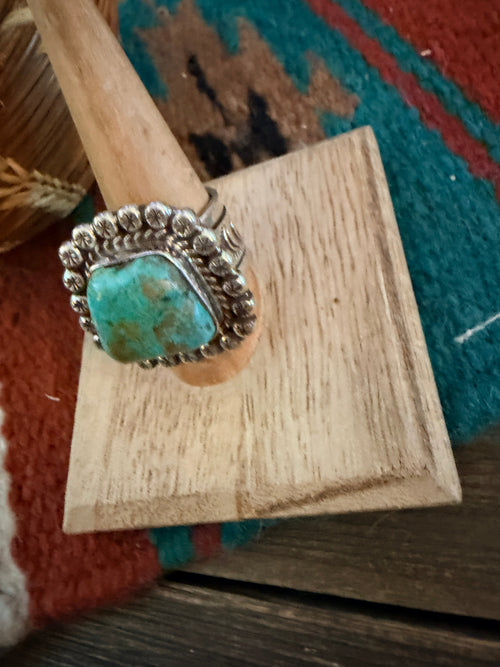 Old Pawn Handcrafted Turquoise & Sterling Silver Ring Size 9