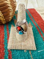 Old Pawn Handcrafted Turquoise, Coral & Sterling Silver Ring Size 9.5