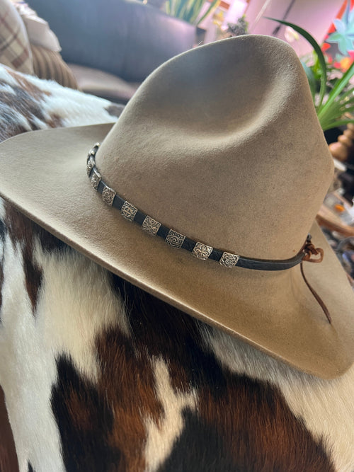 Leather and Sterling Silver Concho Slide Hat Band, Black Leather