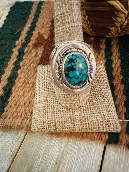 Old Pawn Handcrafted Turquoise & Sterling Silver Ring Size 9.5