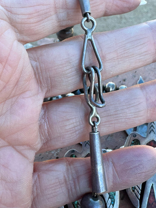 Estate Collection Old Pawn Navajo Turquoise & Coral Sterling Silver Chip Inlay Thunderbird Squash Blossom Necklace