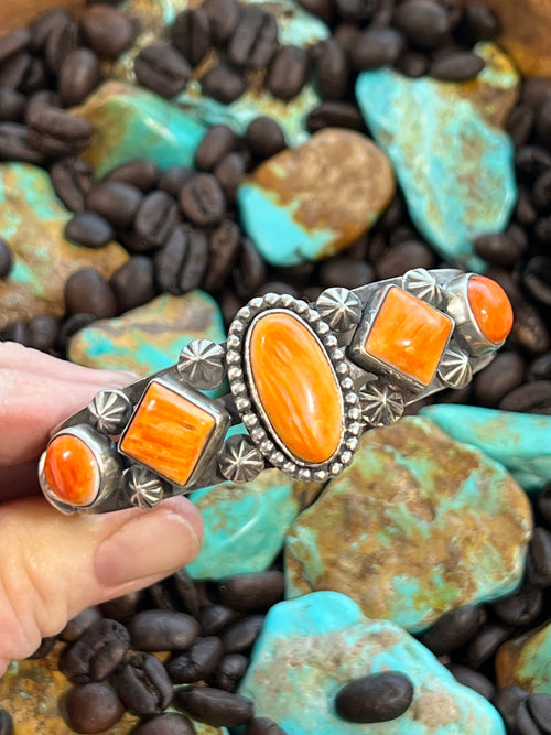 Apache Sterling Silver and Orange Spiny Oyster Shell Cuff Bracelet by Rosella Paxson