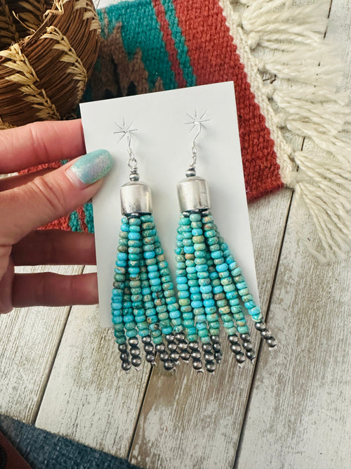 Handcrafted Turquoise & Sterling Silver Pearl Beaded Tassel Dangle Earrings