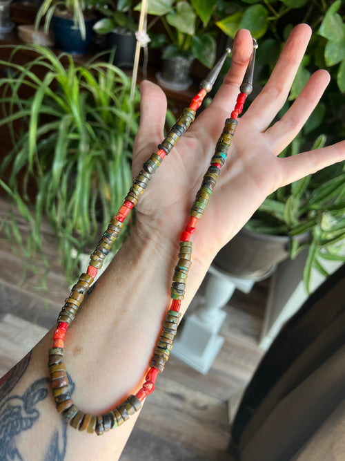 Navajo Hubei Turquoise Beaded Necklace with Sterling Silver and Bamboo Coral by Kirby Smith: 13 To Choose From!