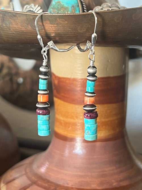 Navajo Made Sterling Silver Summer Lovin’ Turquoise and Spiny Oyster Beaded Drop Earrings, Leverbacks
