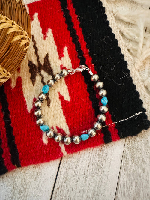 Handcrafted Turquoise & Sterling Silver Pearl Beaded Bracelet