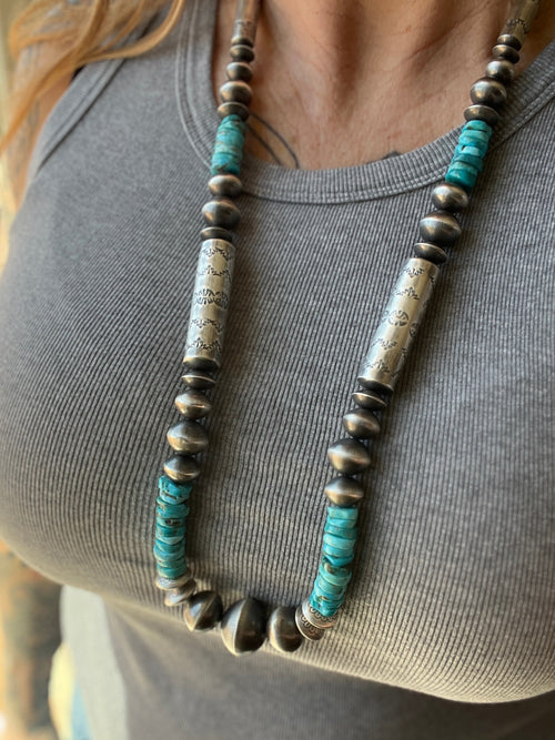 Navajo Sterling Silver and Kingman Turquoise Handmade Beaded Necklace by Rose Martin, 34 Inches