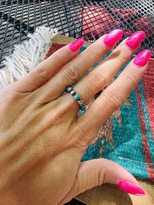 THE VENICE BAND Handmade Sterling Silver Pearl Style Turquoise Beaded Stretch Ring