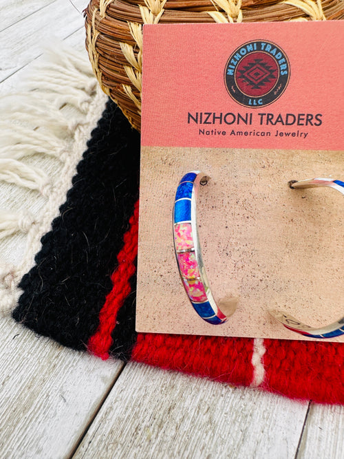 Handcrafted Old Pawn Sterling Silver & Multicolor Opal Inlay Hoop Earrings