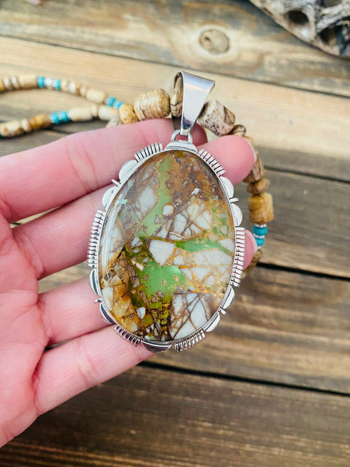 Handcrafted Jasper, Turquoise And Sterling Silver Beaded Necklace & Pendant Signed