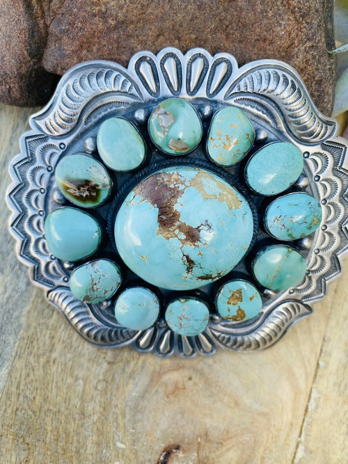 Handcrafted Stunning Vintage Number 8 Turquoise & Sterling Silver Belt Buckle Signed