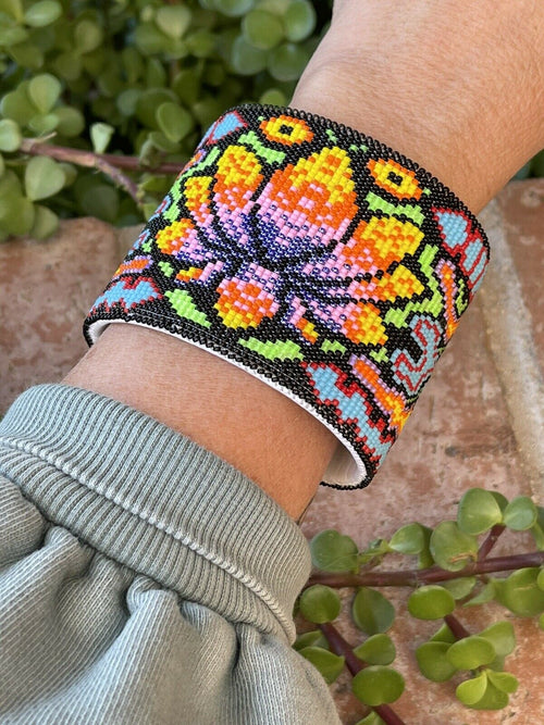 Handcrafted Beaded Flower Lotus Cuff Bracelet