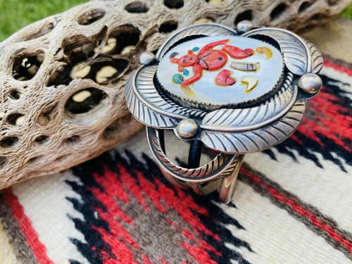 Vintage Zuni Multi Stone & Sterling Silver Inlay Mud Head Cuff Bracelet Signed /