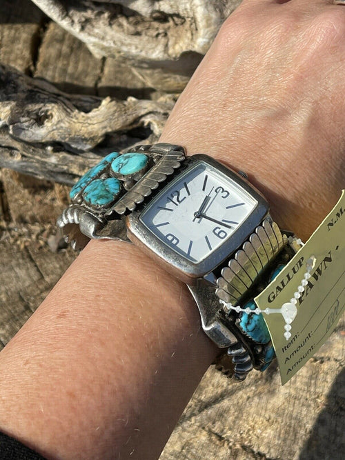 Vintage Handcrafted Sterling Silver & Kingman Turquoise Non Working Watch Bracelet