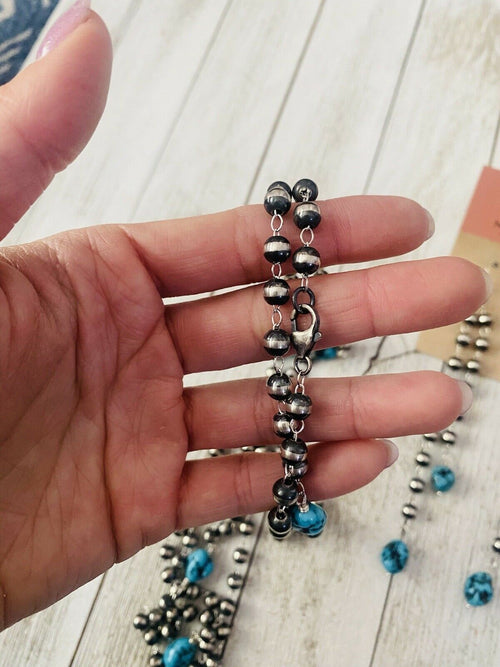 Handcrafted Kingman Turquoise & Sterling Silver Pearl Beaded Necklace Set