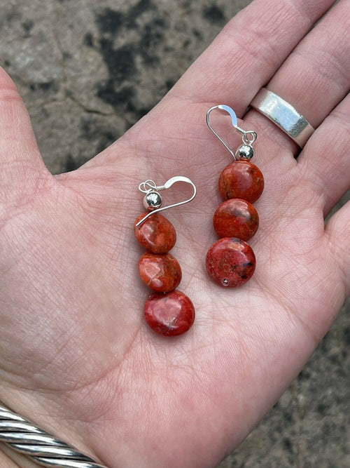 Handcrafted Sterling Silver Apple Coral 3 Bead Dangle Earrings