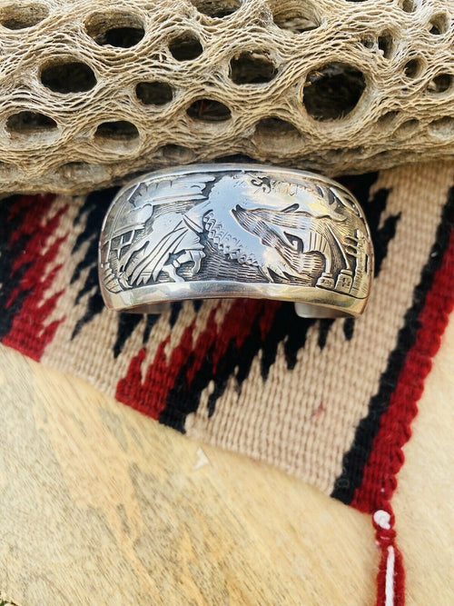 Vintage Handcrafted Sterling Silver Story Teller Cuff Bracelet