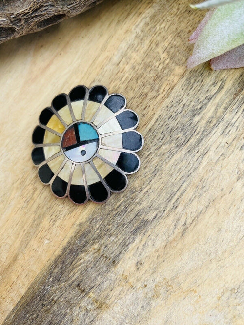 Vintage Zuni Sterling Silver & Multi Stone Sub Face Pin