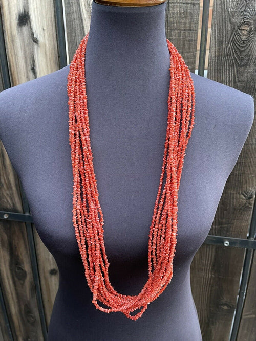 Handcrafted Sterling Silver Pink Coral 10 Strand Bead Necklack