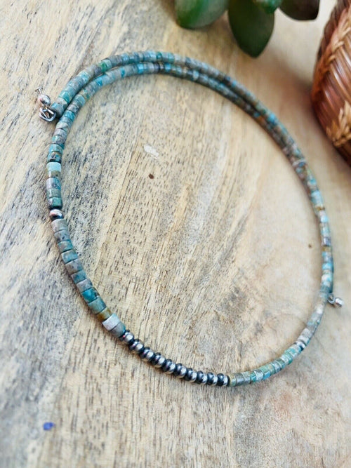 Handmade Turquoise & Sterling Silver Beaded Wrap Choker Necklace