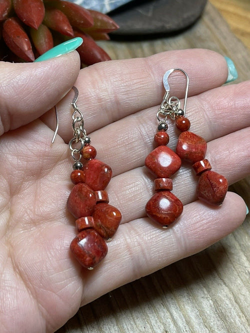 Handcrafted Sterling Silver Apple Coral 2 Strand Beaded Earrings