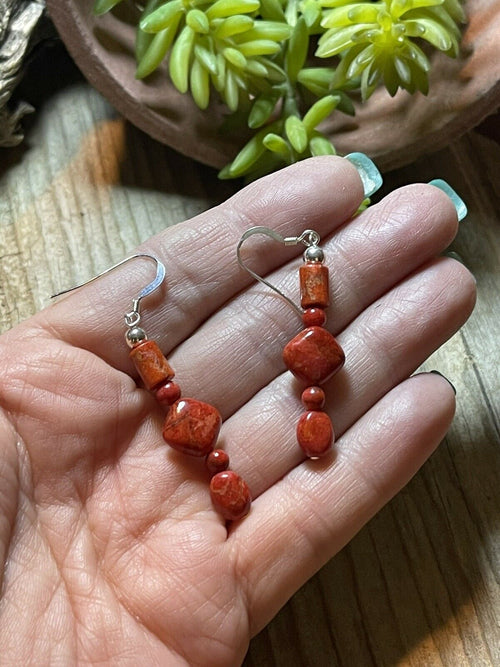 Handcrafted Sterling Silver Apple Coral Strand Beaded Earrings
