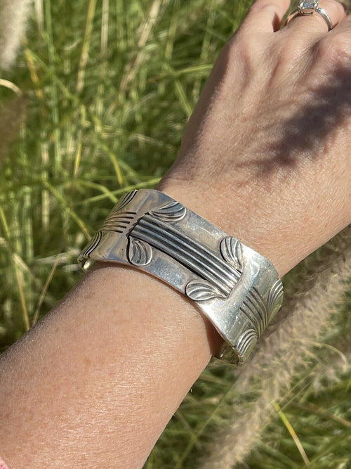 Handcrafted Vintage Sterling Silver Sleek Lined Cuff Bracelet by Steve Yellowhorse