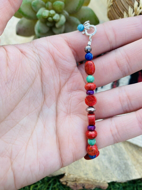 Handcrafted Coral & Multi Stone Sterling Silver Beaded Bracelet