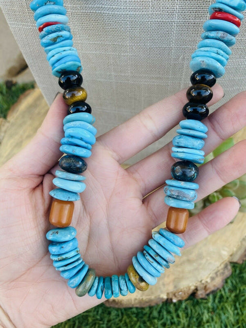 Handcrafted Vintage Sterling Silver & Multi Stone Beaded Necklace