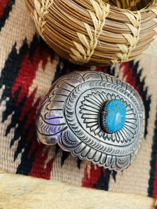 Handcrafted Vintage Turquoise & Hand Stamped Sterling Silver Cuff Bracelet