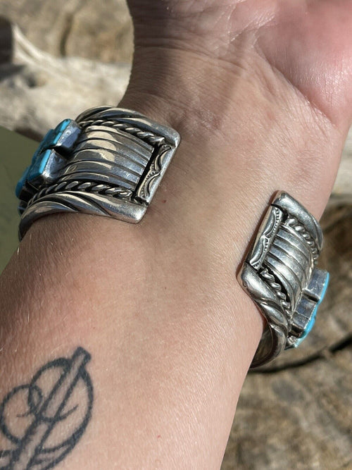Vintage Handcrafted Sterling Silver & Kingman Turquoise Non Working Watch Bracelet